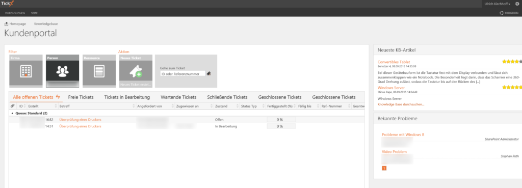 Registertabs im Kundenportal