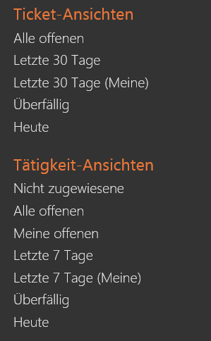 Ticket- und Tätigkeitsansichten